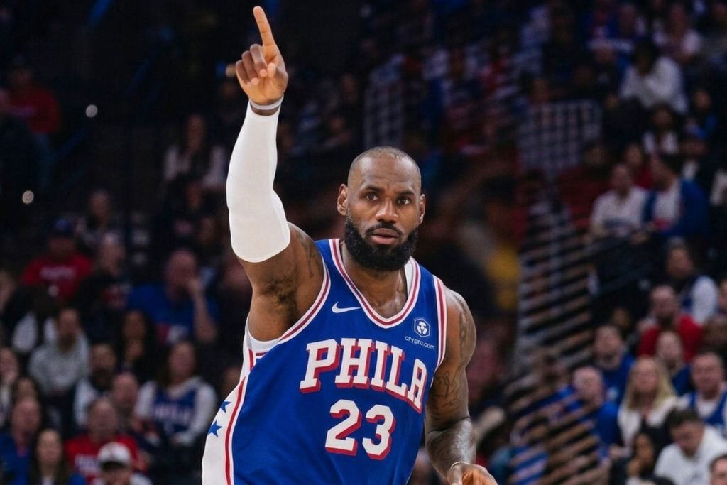 LeBron James en acción durante su primer partido de pretemporada con la camiseta de los Philadelphia 76ers.